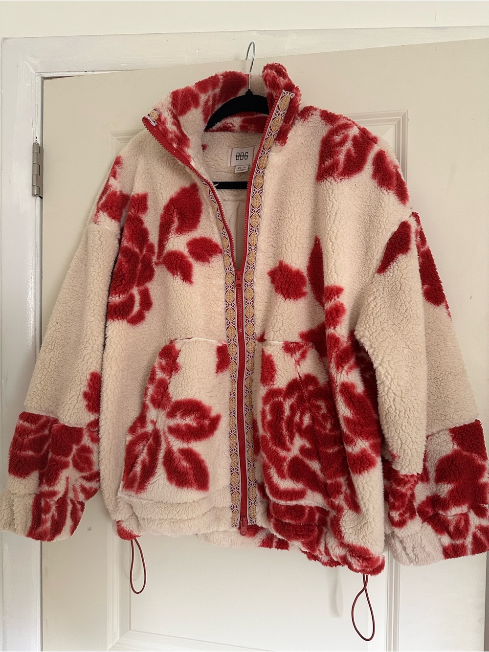 BDG Cream Sherpa Jacket with Red Floral Print